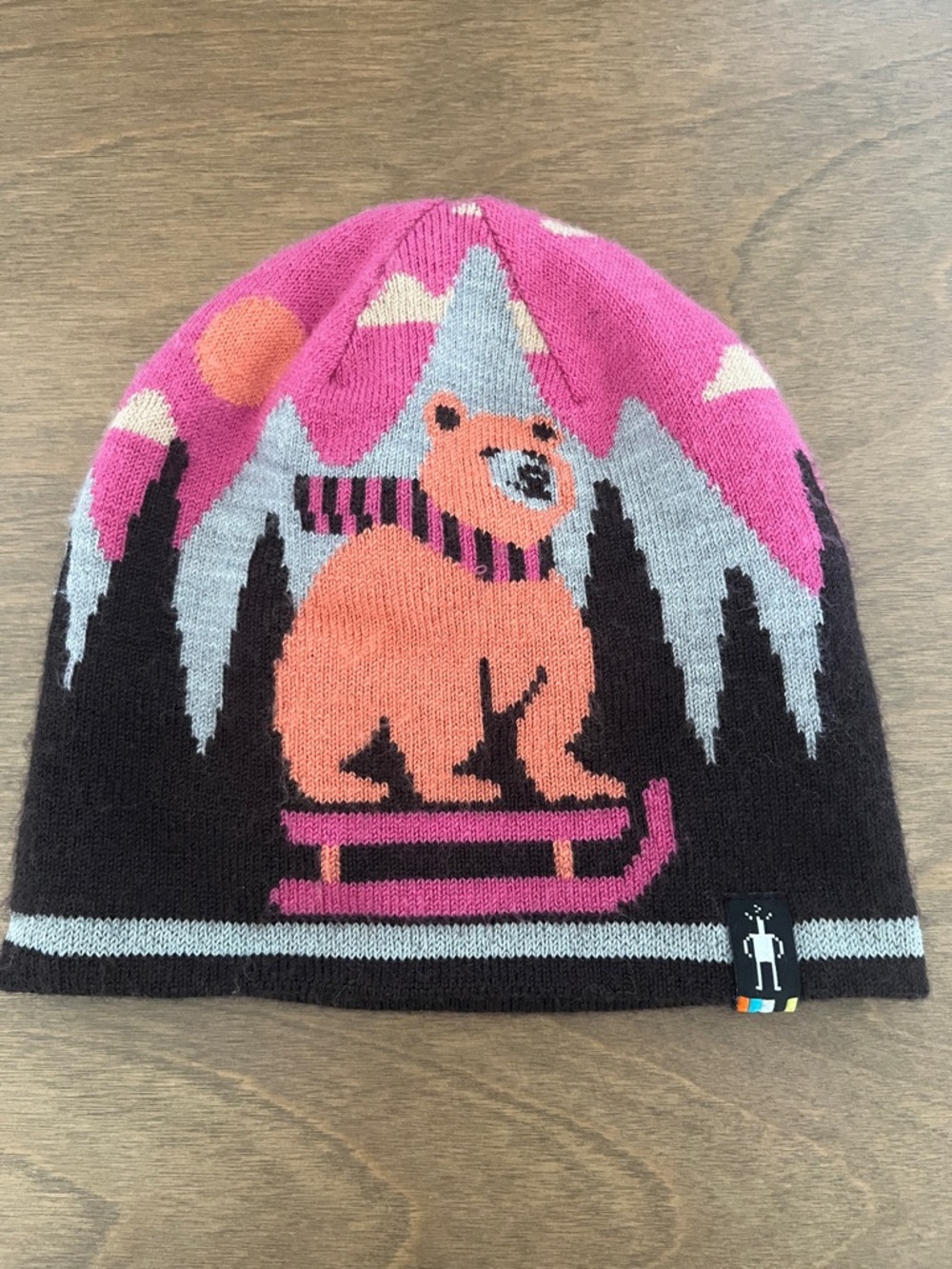 Smartwool Kids Pink Bear Sled Knit Beanie reversible.